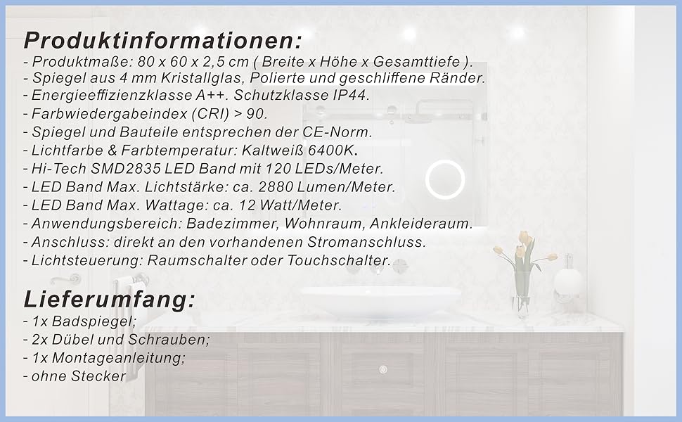 Дзеркало для ванної кімнати AQUABATOS 50x70 см LED з підсвічуванням, сенсорне керування, холодний білий світ, IP44, CE, енергозберігаюче (Bourges-серія)