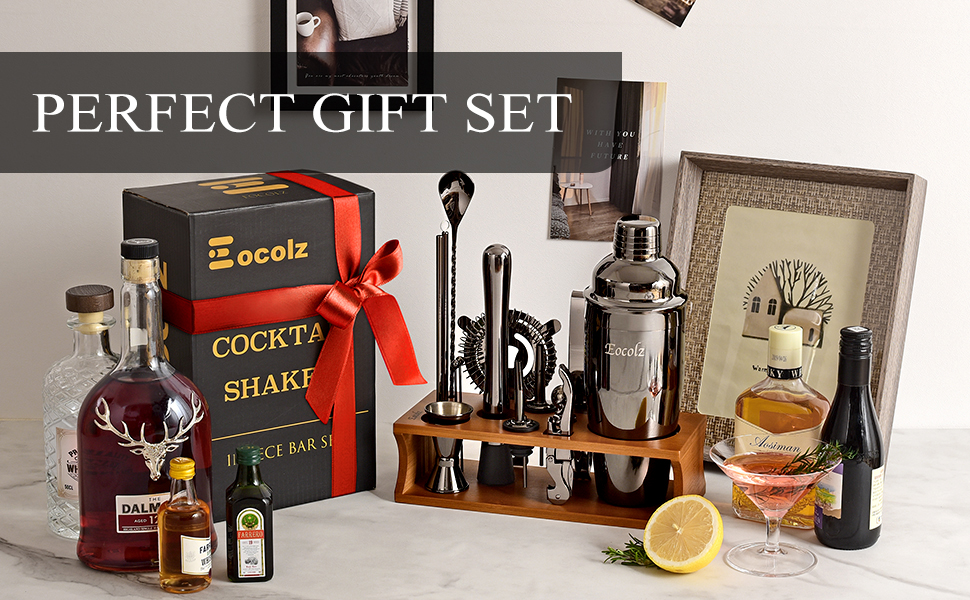 750ml Stainless Steel Cocktail Shaker Set with Bamboo Stand & Recipe Book - 17 Piece Bar Set for Bartenders, Gifts for Women