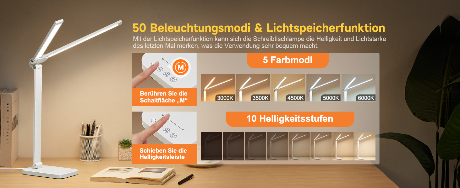 LED лампа для столу One Fire з адаптером, 1000 люмен, 96 LED, диммер, таймер, світлова пам'ять, для дітей, денне світло, для читання