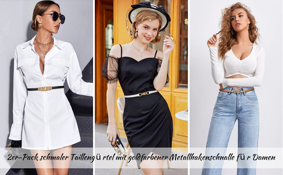 Жіночі тонкі ремені WHIPPY (2 шт) - чорний + коричневий, 105 см, для талії до 95 см. Тонкий шкіряний ремінь з металевою золотистою пряжкою. Підходить до суконь та іншого одягу.