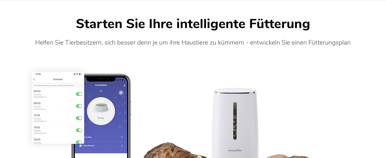 Автоматичний годівниця для котів FUKUMARU з Wi-Fi, 4L, з двома мисками, програмуванням часу, акумулятор та живлення від мережі, білий колір