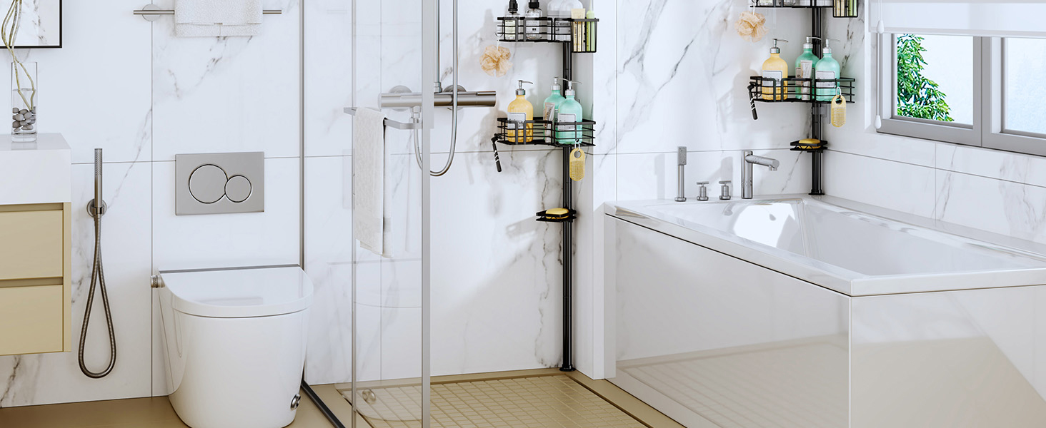 Регульована поличка для душу SWTYMIKI з нержавіючої сталі, 4 яруси, з мильницею, тримачем для зубних щіток та 4 гачками, 70-275 см, чорний (без свердління)