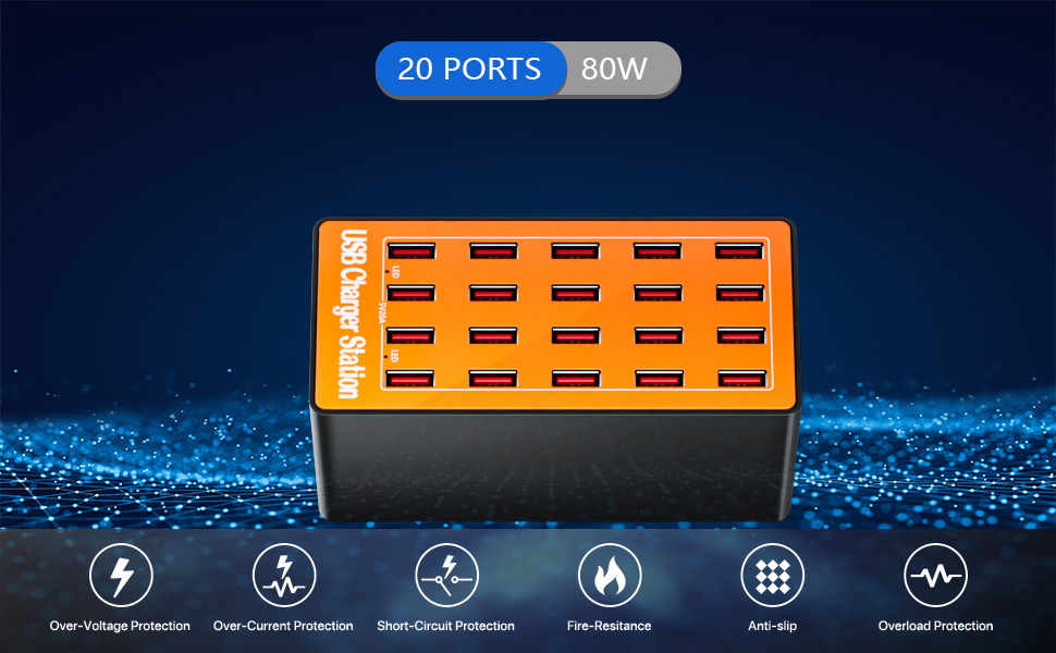 USB зарядний пристрій на 20 портів: Інтелектуальна станція для зарядки iPhone, Samsung, Google та інших пристроїв. Мережевий адаптер USB-хаб для десктопу