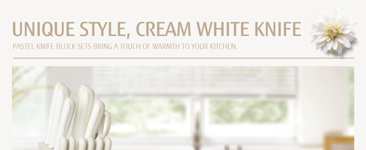 Набір ножів Hecef 14 предметів з бруском, кремового кольору, з антипригарним покриттям. Самозаточувальний ніжний блок, ергономічні ручки, компактний набір ножів для будь-якої кухні, безпечний для миття в посудомийній машині.