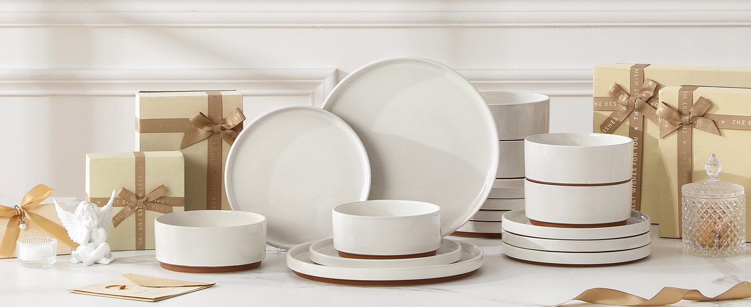 Набір посуду MALACASA з каменю (18 предметів) для 6 осіб, керамічний сервіз з глазур'ю 'сезам', білий з коричневим дном, набір тарілок та мисок