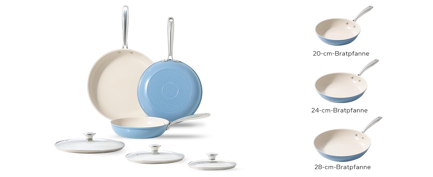 Redchef Ceramic Induction Nonstick Pan Set - 6 Piece Cookware Set with Lids (20/24/28cm) - Blue, Oven & Dishwasher Safe