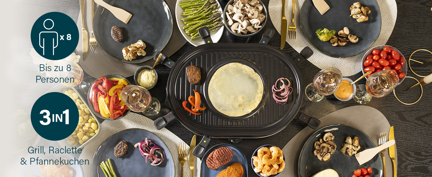 Електричний гриль Princess Raclette 8 панелей, овальний, 1200 Вт, багатофункціональна пластина з секцією для млинців, 42x30 см, чорний, нержавіюча сталь