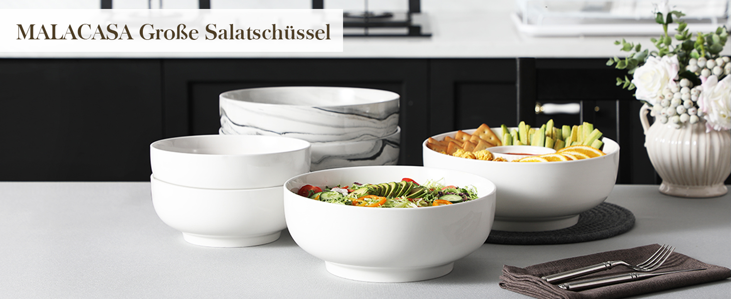 Набір супових та салатних мисок MALACASA (3 шт., 3.4L, 1.8L, 0.8L) з порцеляни. Підходить для супу, салату, рамену, фруктів та мюслі. Серія Regular (білий)