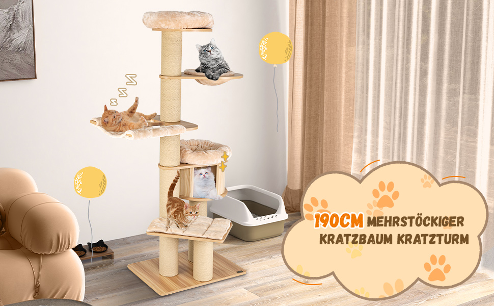 Дерев'яний кігтечка Costway 197 см з гамаком, будиночком та кошиком для котів, 7-ярусний, бежевий