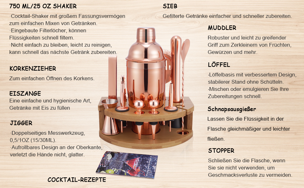 Набір шейкер для коктейлів Barkeeper Set з підставкою, нержавіюча сталь, професійний барний інструмент (рожеве золото)