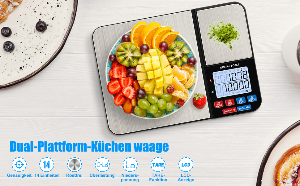 Кухонні ваги Diyife з двома платформами, 10 кг/1 г та 500 г/0.01 г, цифрові, з функцією тарування, підрахунку, автовимкнення, для кухні, ювелірних виробів, випічки та приготування їжі, з батарейками