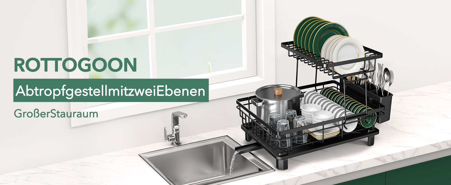 Підставка для посуду ROTTOGOON 2-ярусна, з нержавіючої сталі, чорна - органайзер для кухонних аксесуарів