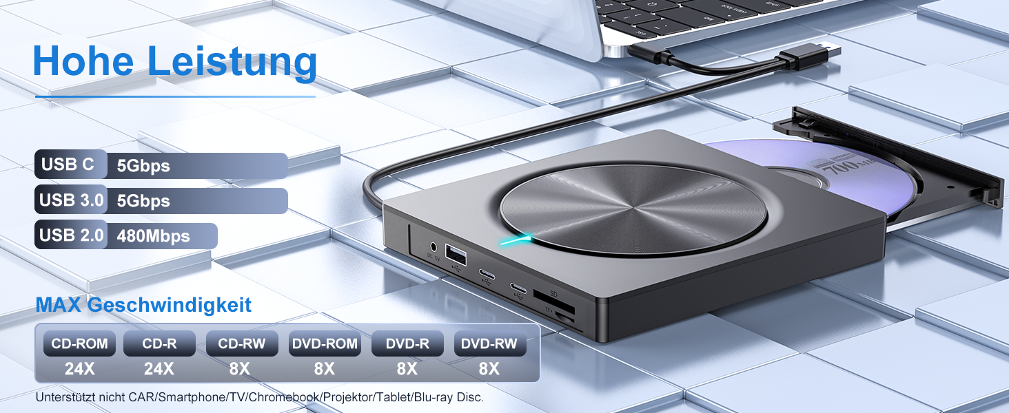 Зовнішній CD/DVD привід USB 3.0 та USB-C, оптичний накопичувач CD/DVD +/-RW ROM для ноутбука, ПК, MacBook, iMac (Windows, MacOS, Linux)
