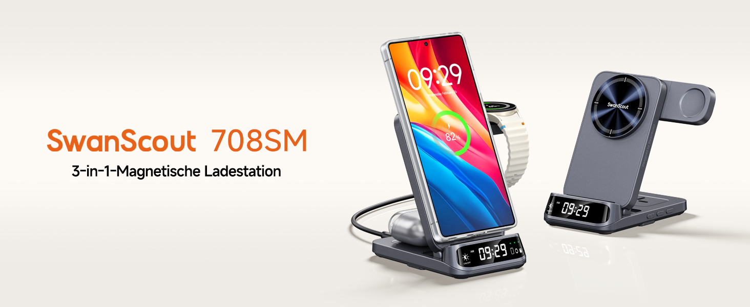 Зарядна станція SwanScout магнітна 3-в-1 для Samsung Galaxy S25 Ultra/S24/Z Flip 7/Z Fold 7, годинник Samsung Watch 8 Classic/8/Ultra/7, навушники Galaxy Buds 3, SwanScout 708SM