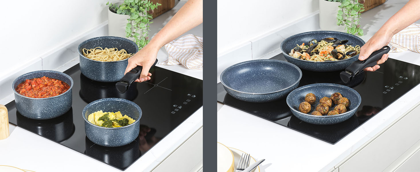 Набір сковорідок Russell Hobbs Smart Clip & Cook, 3 шт, антипригарні, знімна ручка, для індукції, духовки, 20/24/28 см, Nightfall Stone