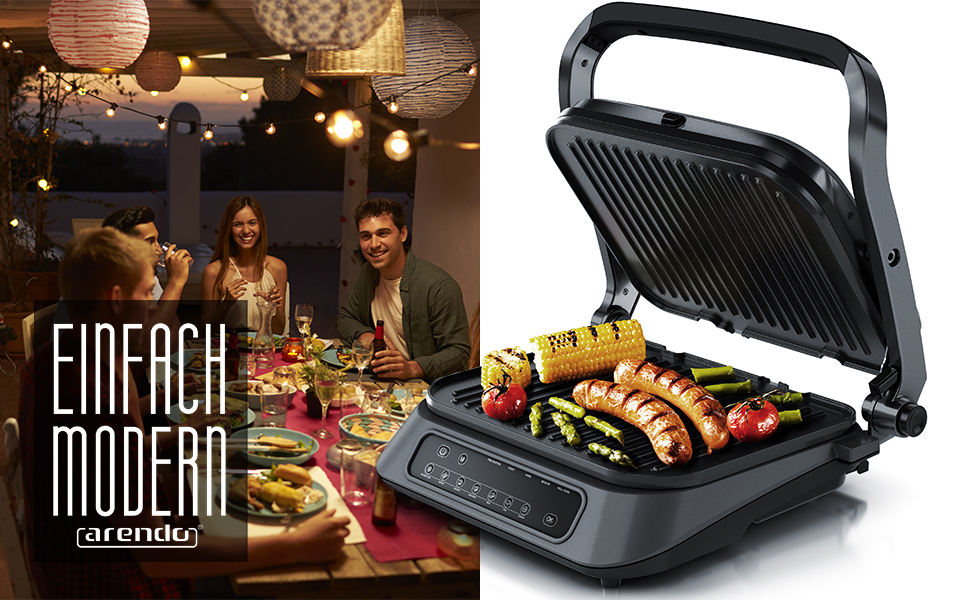 Arendo Electric Grill - Contact Grill, Tabletop Grill & Sandwich Maker with Digital Control - 1900W, 7 Programs, Removable Plates, Stainless Steel