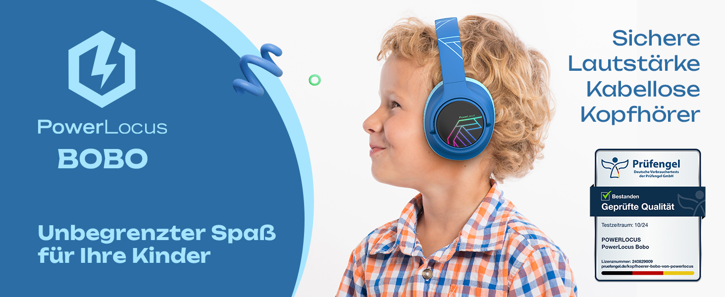 Дитячі навушники PowerLocus Bobo Bluetooth з обмеженням гучності, LED-підсвічуванням, складні, з мікрофоном для телефону/планшета/подорожей (блакитний/чорний)