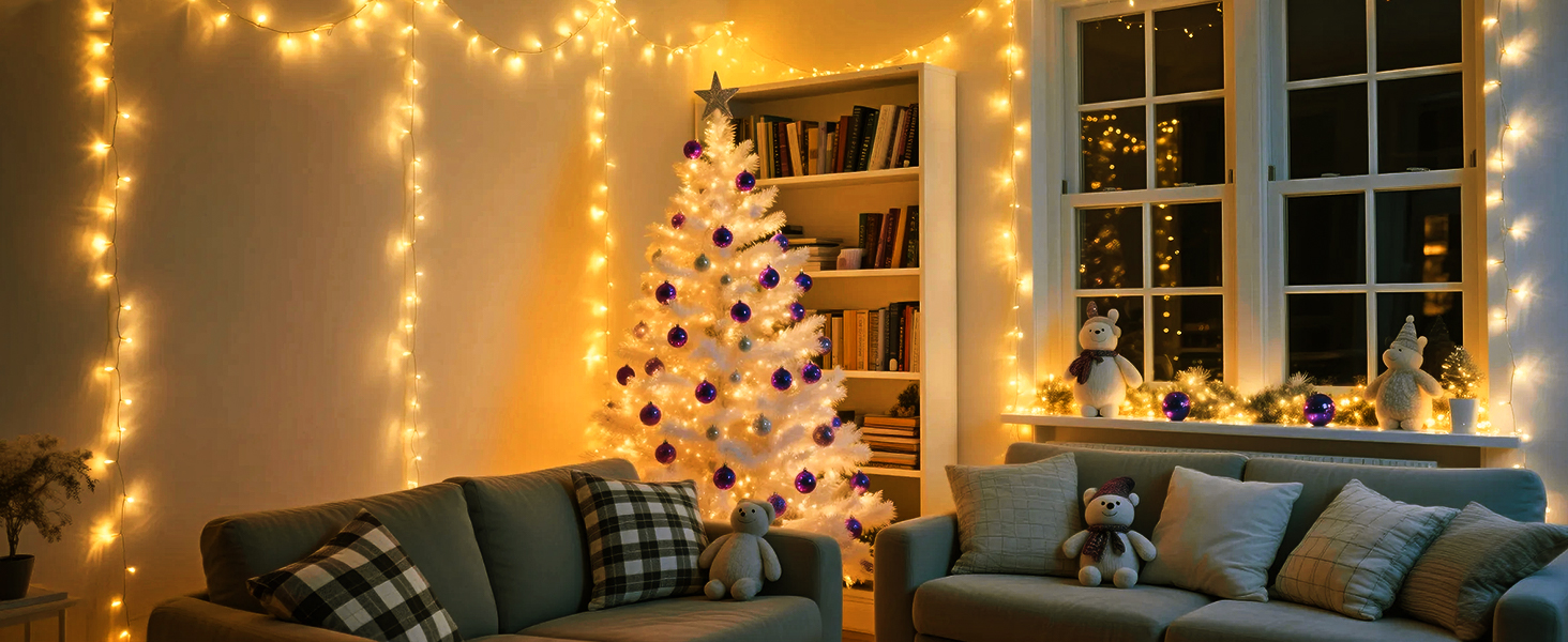 Льонокотова гірлянда світлодіодна 20 метрів, 200 LED, зовнішня, з пультом, таймер, IP65, тепле біле світло, для декору саду, ялинки, балкону, кімнати