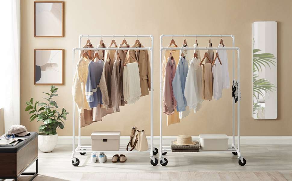 SONGMICS Clothes Rack, Clothes Rod, Coat Rack with 2 Clothes Rods and Shelf, Wheels, Load Capacity up to 110 kg, Industrial Design, for Bedroom, Dressing Room, White HSR060W01