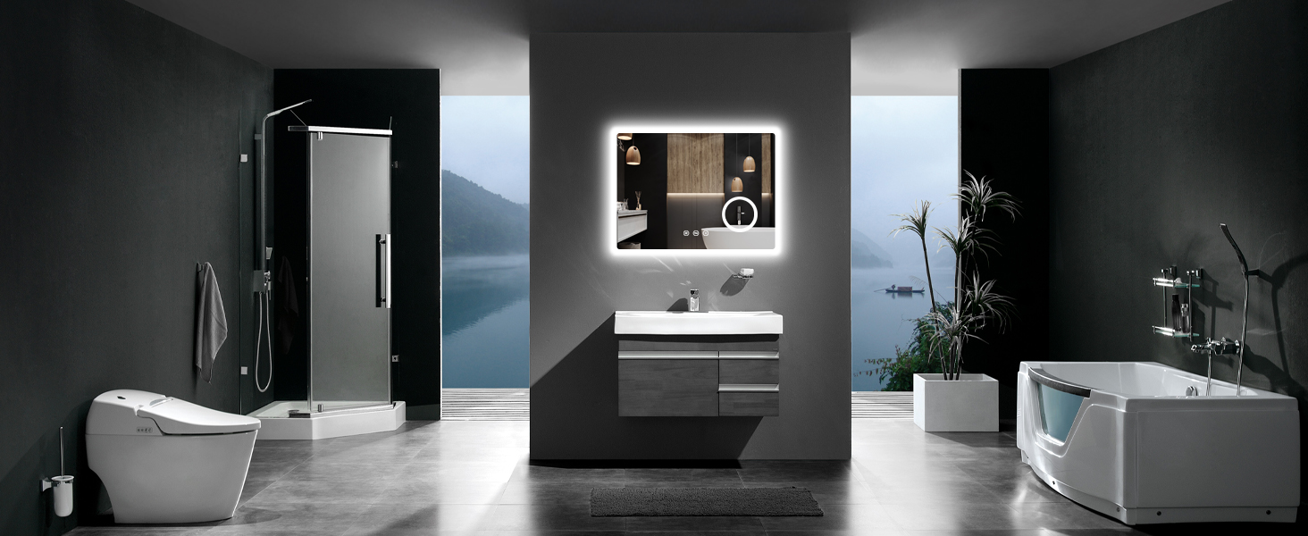 Дзеркало для ванної кімнати з підсвічуванням 80x60 см, 3 кольори, регулювання яскравості, протитуманне покриття, 3x збільшення, розетка для гоління, IP44, для горизонтального/вертикального монтажу