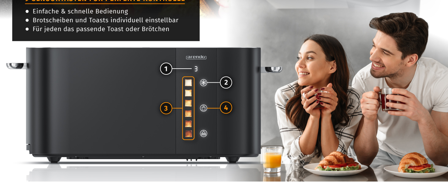 Тостер Arendo з нержавіючої сталі, 4-х секційний, з широкими слотами, сенсорний дисплей, подвійні стінки, 1500 Вт, з підставою для булочок, 6 рівнів підсмажування, центрування хліба, таймер, пам'ять (колір: чорний)