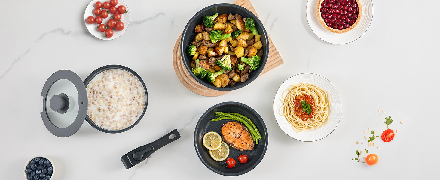 Набір посуду 9-ти частинний з знімним ручками, антипригарне покриття, керамічна сковорода, набір каструль з кришками, для всіх типів плит, безпечний у духовці (сірий)