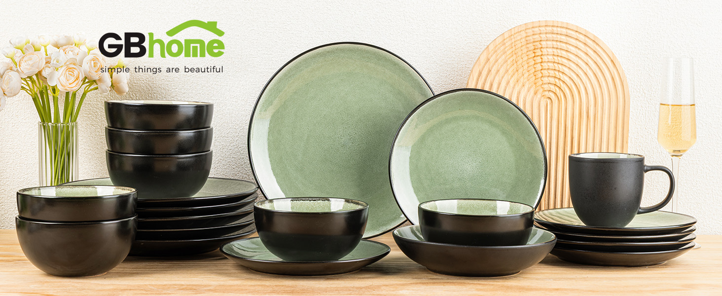 Набір посуду GBhome з реактивної глазурі для 6 осіб (18 предметів), ручної роботи, керамічний, мікрохвильова та посудомийна машина, зелений колір