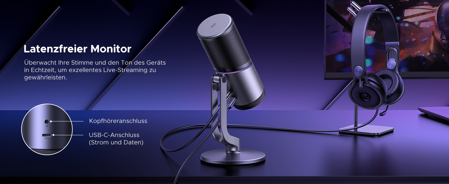 Мікрофон UGREEN для геймінгу та стрімінгу з RGB підсвічуванням USB, 24bit/96kHz, для ПК, PS5/PS4, запису, ноутбука