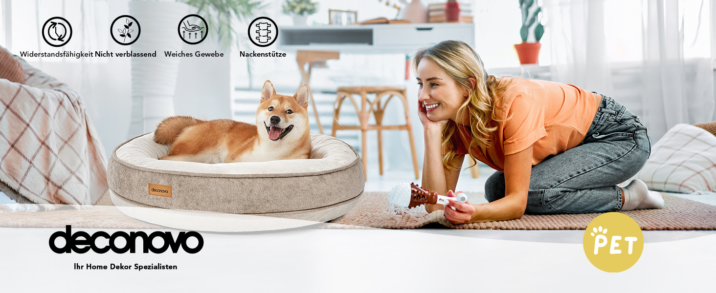 Кругле м'яке ліжко для собак та котів Deconovo, діаметр 61 см, ортопедичне, знімний кошик, Khaki