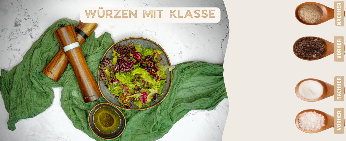 Набір для перцю та солі BAMBUNA з акацієвого дерева - 5 шт. з регульованою керамічною жорна - ручна млинка з підставкою та ложкою - Made in Germany