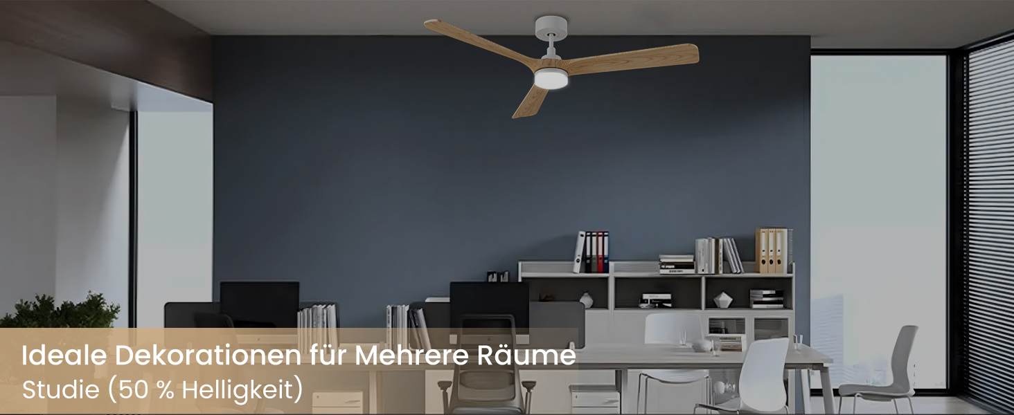 Стеляний вентилятор Holz з підсвічуванням, тихий DC-двигун, 90 см, для вулиці, 3 дерев'яні лопаті, регульоване LED-освітлення 24W, пульт з пам'яттю, 6 швидкостей, таймер (дерево, 52 дюйми)