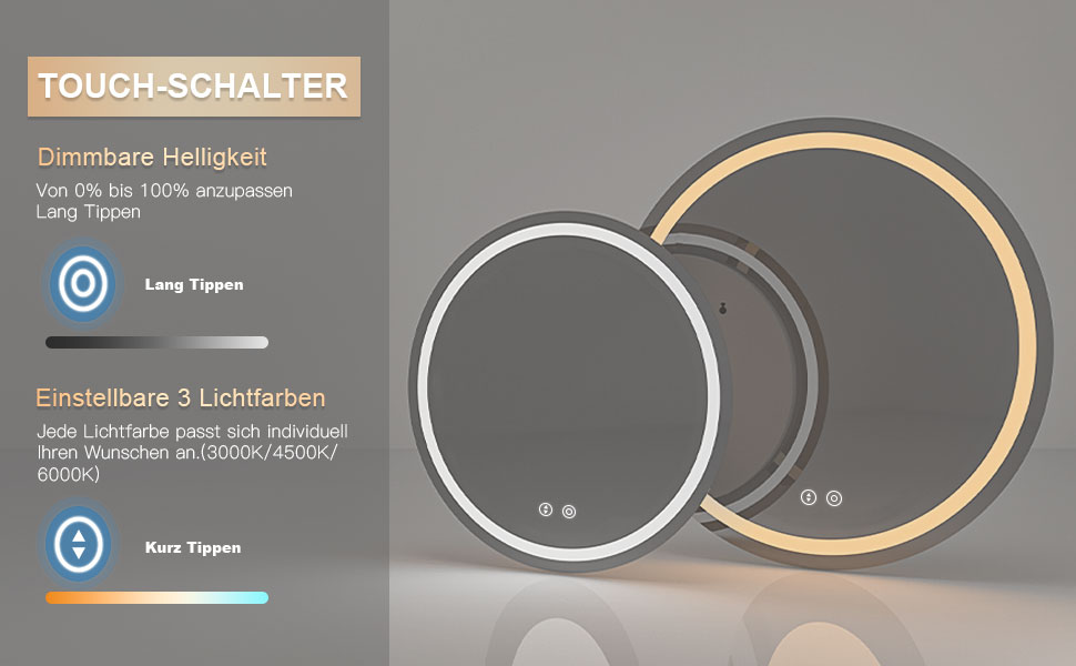 Дзеркало для ванної кімнати Dripex круглої форми з підсвічуванням LED, сенсорне керування, регулювання яскравості, 3 кольори світла, запобігання запотіванню, 60x60 см