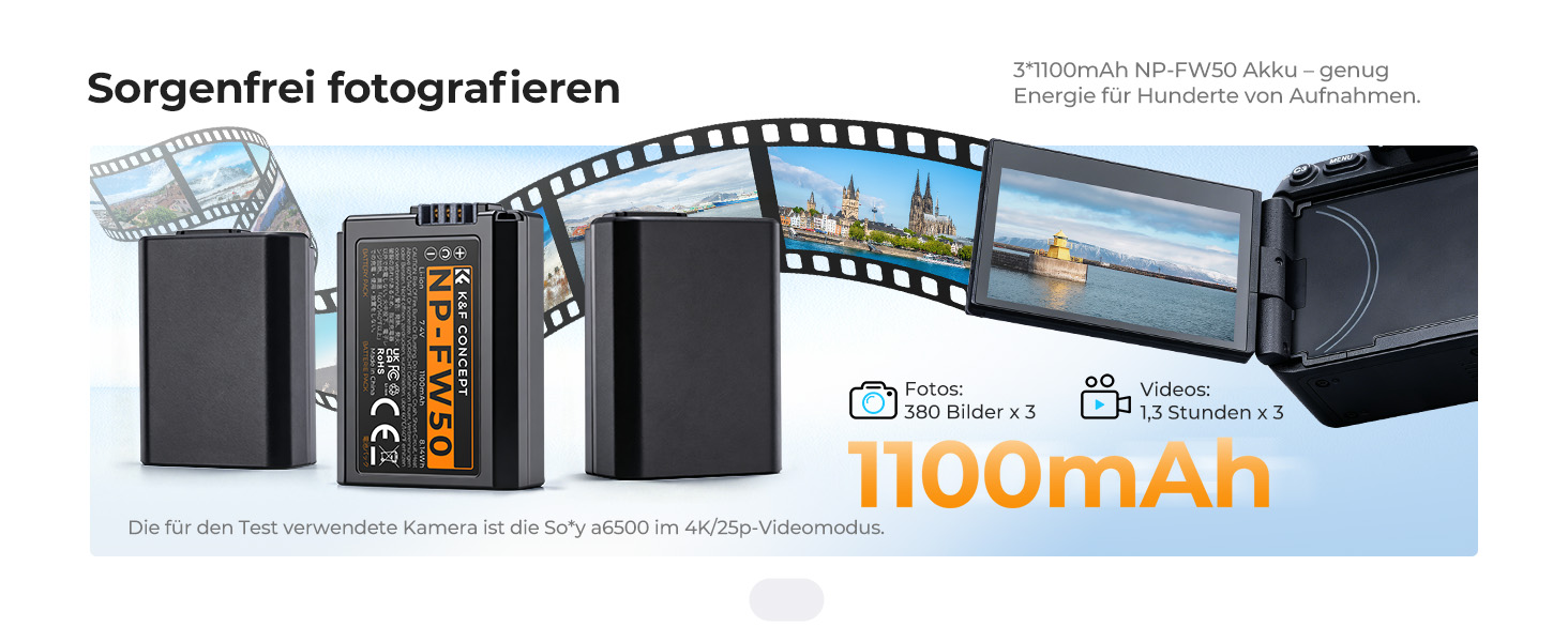Набір акумуляторів K&F CONCEPT NP-FW50 (3 шт.) з 20W LED PD швидким зарядним пристроєм для Sony Alpha A6000, A6100, A6300, A6400, A6500, A7, A7 II, A7R, A7S, RX10