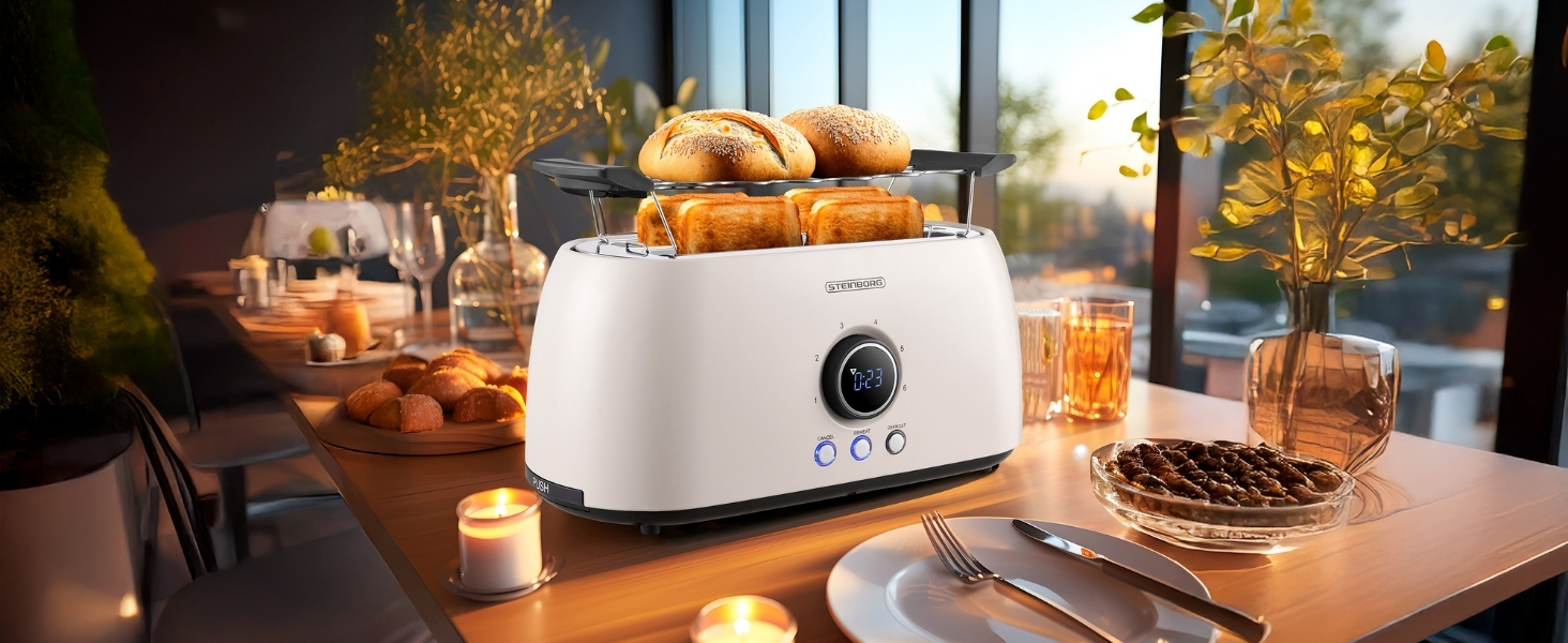 Тостер XXL 4-х секційний з підставою для бургерів | Цифровий дисплей | Автоматичне вимкнення | Тостер з широкими слотами (Бежевий Бульгур)