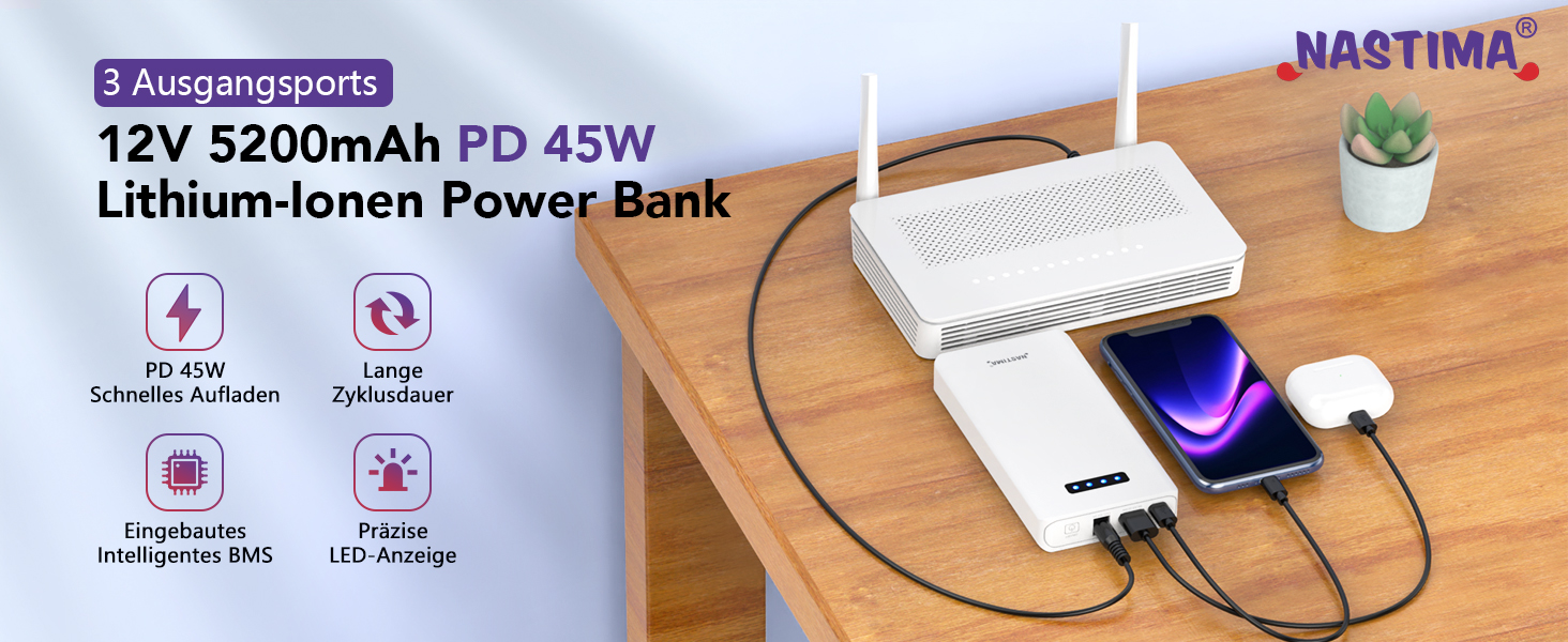 Power Bank NASTIMA 12V 5200mAh з трьохвидим виходом (USB-A, USB-C, DC) для LED, CCTV, камер та ін.