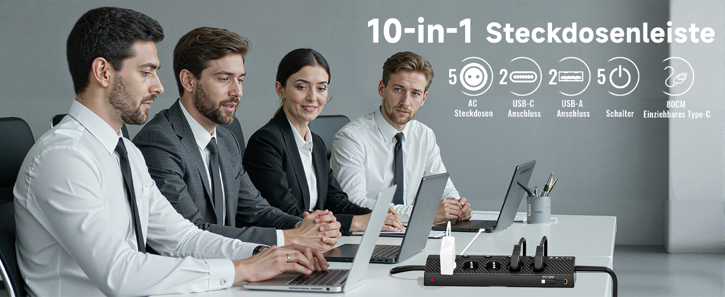 Настільний мережевий фільтр з 5 розетками та 2 USB-C (PD 30W), подовжувач з вимикачем, 4000 Вт, кабель 3м, чорний