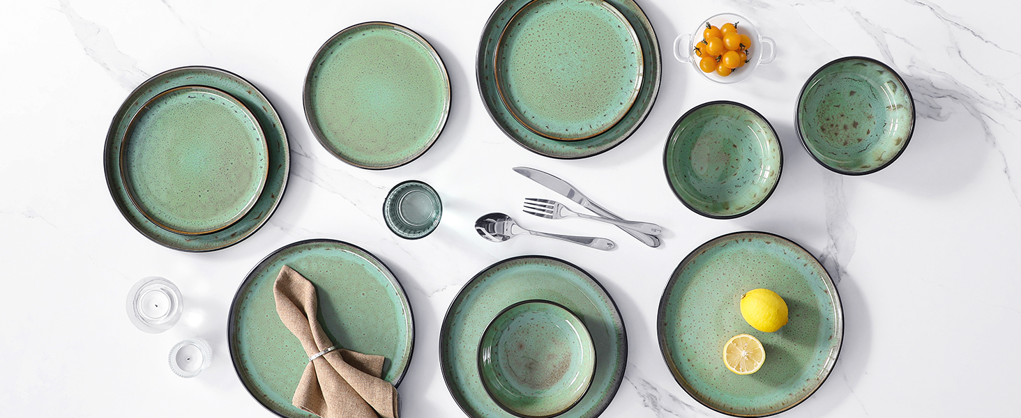 Набір посуду на 6 осіб vancasso AMBER, 18 предметів, ручної роботи, з реактивною глазур'ю, смарагдово-зелений