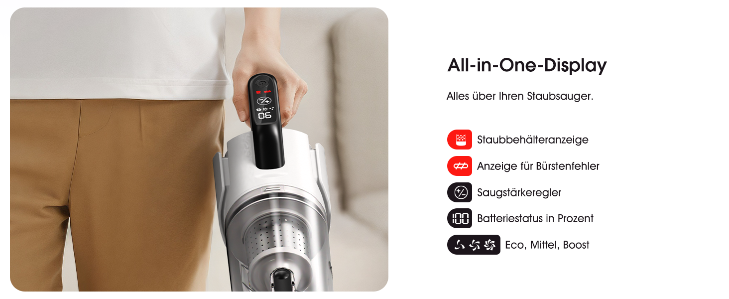 Бездротовий пилосос Klarpul 4800Pa з LED-дисплеєм та антизаплутувальною насадкою, 65 хвилин роботи, швидка зарядка 2 години, для твердих поверхонь та килимів, срібний