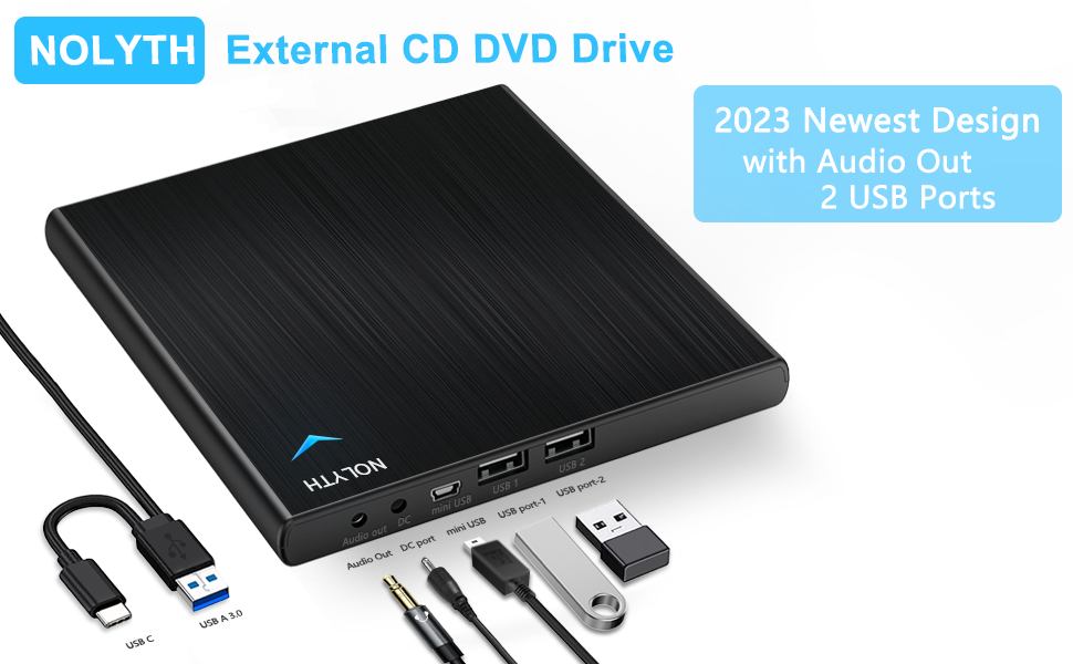 Зовнішній CD/DVD-привід USB 3.0 Type-C з аудіовиходом та USB-портами, тонкий DVD-RW плеєр та записувач для ноутбука, MacBook, Apple, чорний