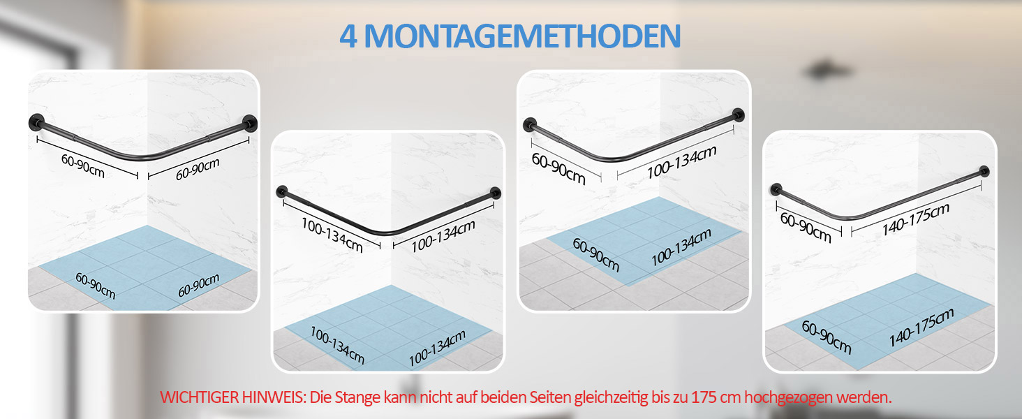 Штанга для душу L-подібної форми, регульована 60-134 см, з кріпленням для штори та опорою для стелі, чорна. Підходить для ванни/ванної кімнати. Потрібно свердління.