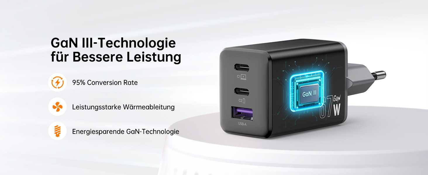 Зарядний пристрій USB-C 67W NOVOO GaN III з 3 портами, швидка зарядка для MacBook, iPad, Pixel, Samsung, iPhone, Steam Deck - Чорний