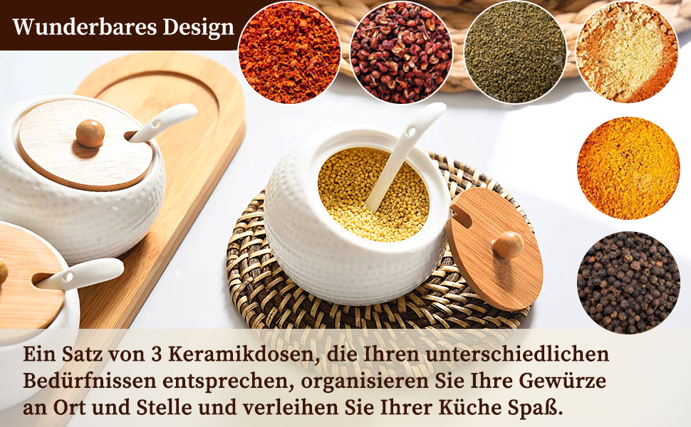 Набір керамічних баночок для спецій, 3 шт. з бамбуковими кришками, ложками та підставкою. Об'єм 170 мл. Підходять для кави, цукру, солі та спецій.