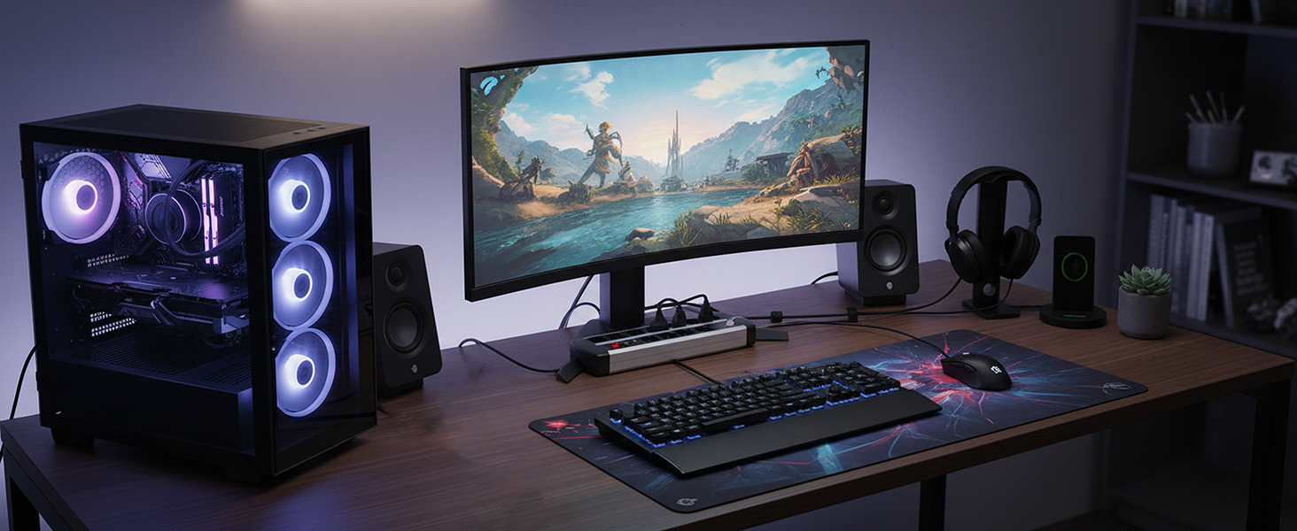 Мережевий фільтр на 10 розеток з USB-C PD 20W, захистом від перенапруги, вимикачем та можливістю настінного монтажу, кабель 1.5м, 16А, сертифікація TÜV/GS