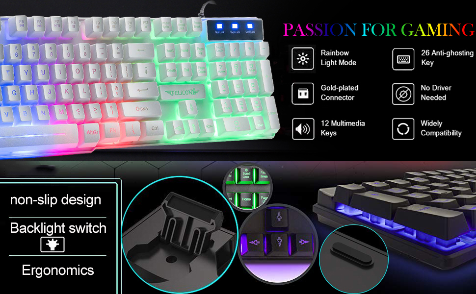 Ігровий набір клавіатури та миші UK-Layout 4-в-1 з підсвічуванням Rainbow, миша 2400 DPI, навушники та килимок для ПК