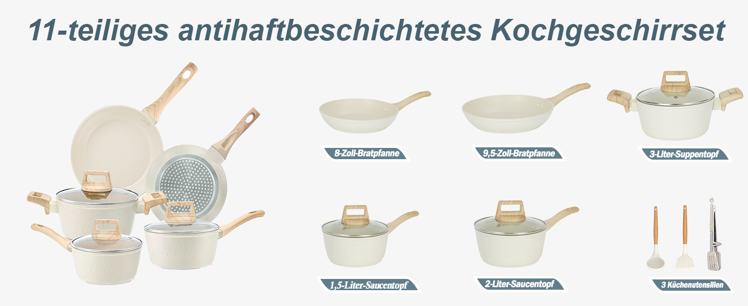 Набір кухонного посуду з антипригарним покриттям, 11 предметів, для духовки та гриля (до 177°C), каструлі та сковорідки, кухонний набір, сковорідки, каструлі, сотейник, для кухні, для дому, придатний для миття в посудомийній машині