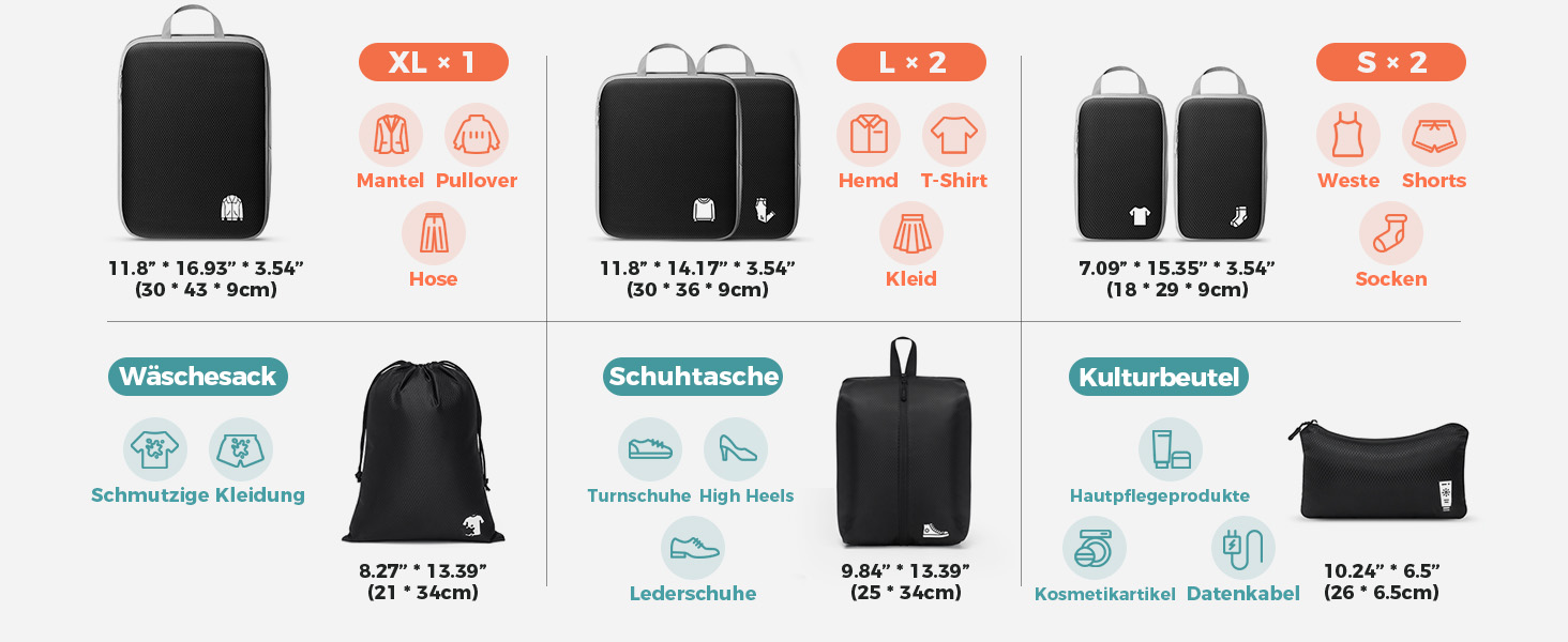 Органайзери для валізи - набір 8 шт. (Compression Packing Cubes), вологостійкий, для подорожей, чорний