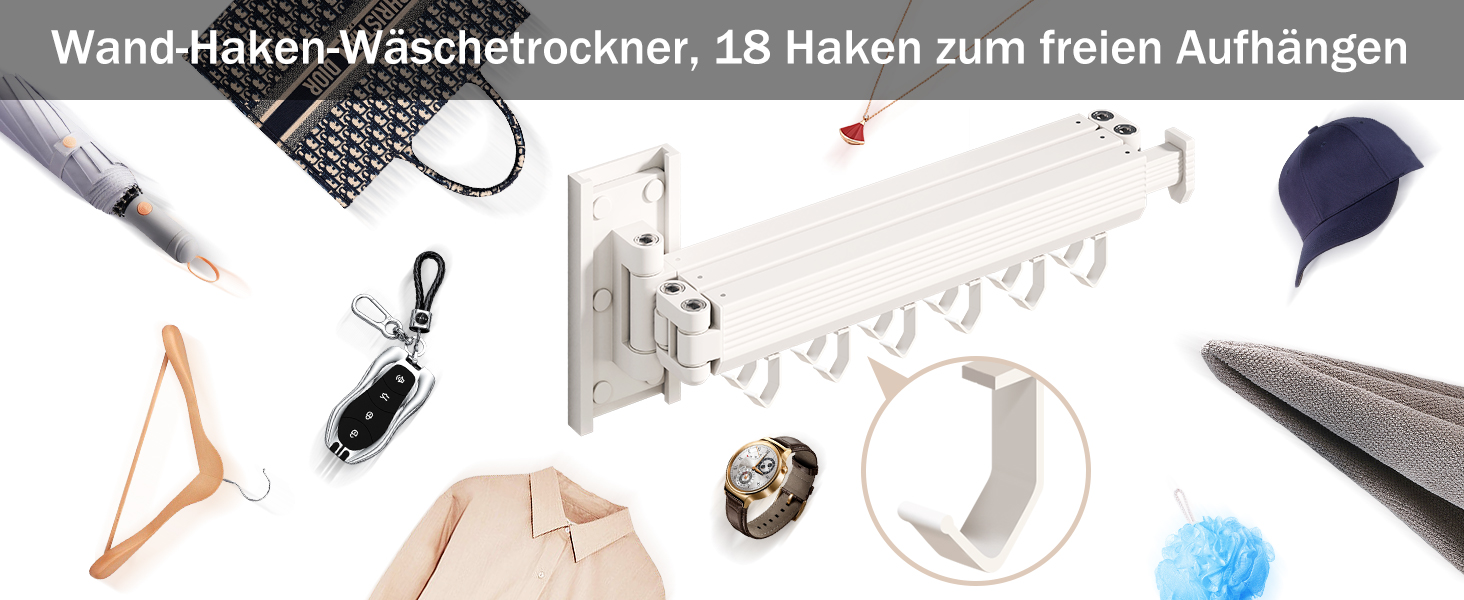 Настінна сушилка для білизни розкладна та складна, з алюмінію, 100 кг, білі гачки