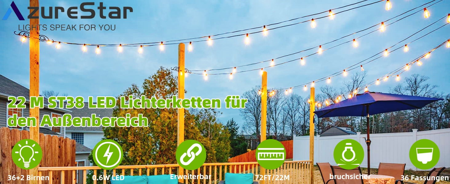 Ланцюжок вогнів AzureStar для зовнішнього використання, 15м, LED, ST38, IP44, 2700K (22м)
