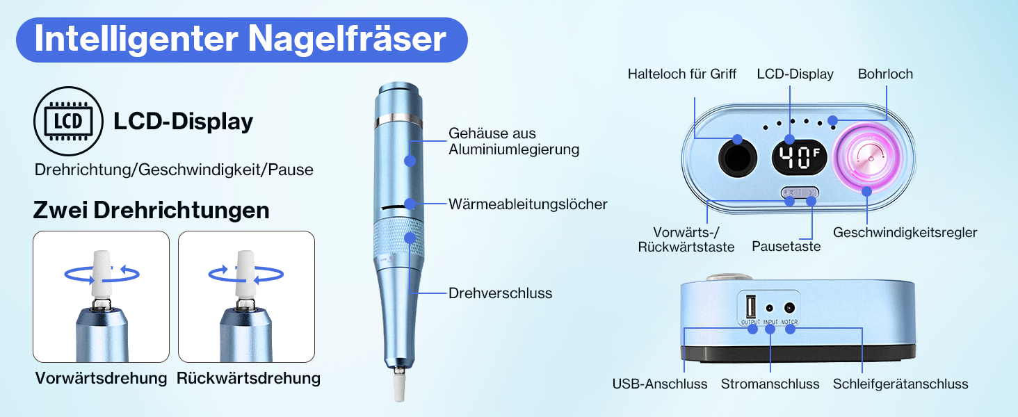 Електрична шліфувальна машинка для нігтів, професійна, 40000 об/хв, LCD манікюр/педикюр, набір з багатофункціональною базою, портативна, з підсвічуванням, сенсорне керування (Світло-блакитний)
