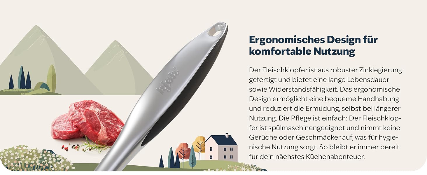 Преміум Fleischklopfer (м'ясорубка) з цинкової сплави з матовим хромом - для відбивання шніцелів та м'яса, придатний для миття в посудомийній машині. Ідеальний подарунок для кулінарії.